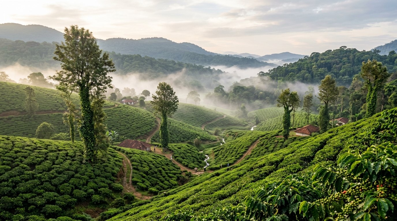 Coffee plantation and misty hills in Coorg, Karnataka