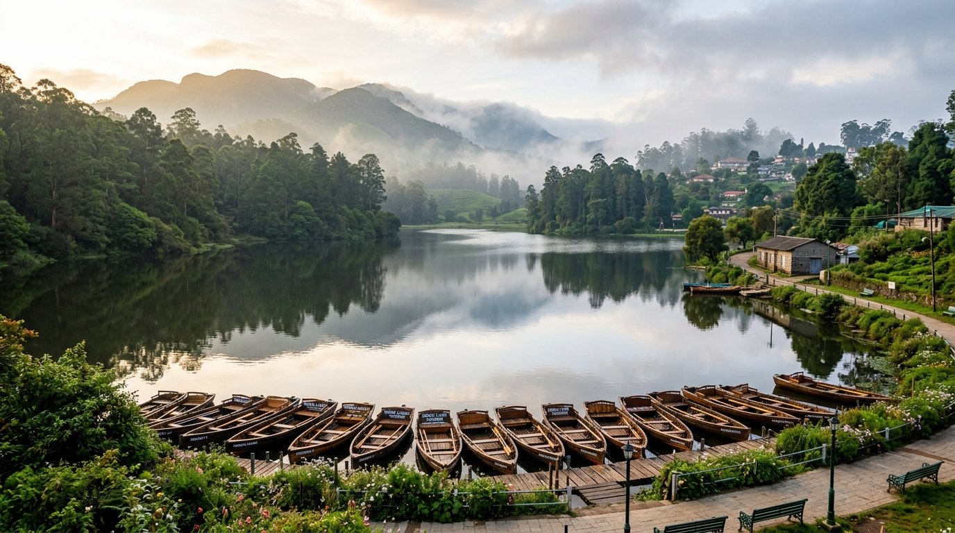 Star-shaped Kodaikanal Lake with pine forests